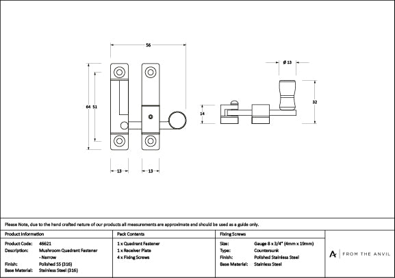 Polished Marine SS (316) Mushroom Quadrant Fastener - Narrow