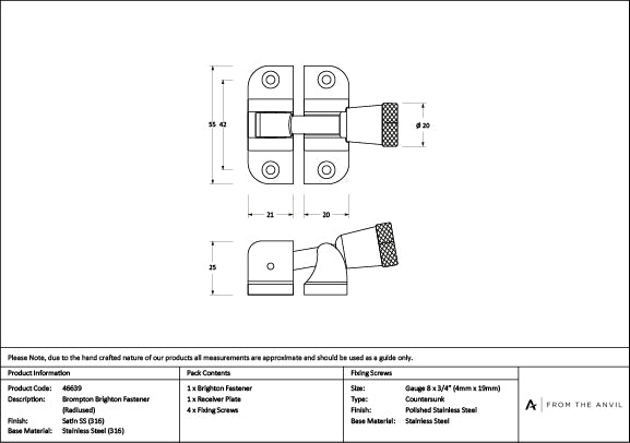 Satin Marine SS (316) Brompton Brighton Fastener (Radiused)