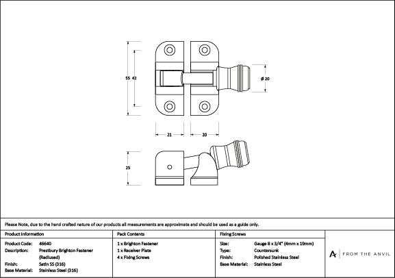 Satin Marine SS (316) Prestbury Brighton Fastener (Radiused)