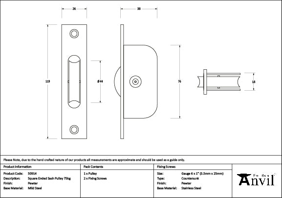 Pewter Square Ended Sash Pulley 75kg