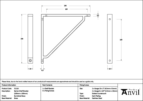 Burnished Brass Barton Shelf Bracket (200mm x 200mm)