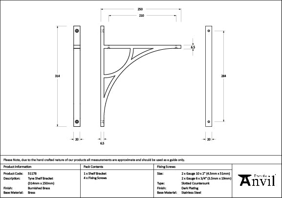 Burnished Brass Tyne Shelf Bracket (314mm x 250mm)