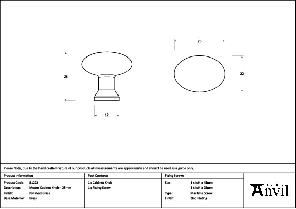 Polished Brass Moore Cabinet Knob - 25mm
