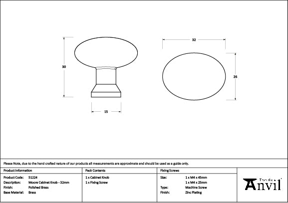 Polished Brass Moore Cabinet Knob - 32mm