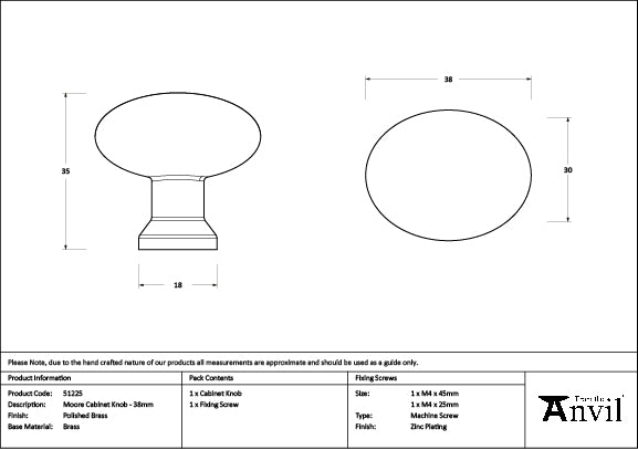 Polished Brass Moore Cabinet Knob - 38mm