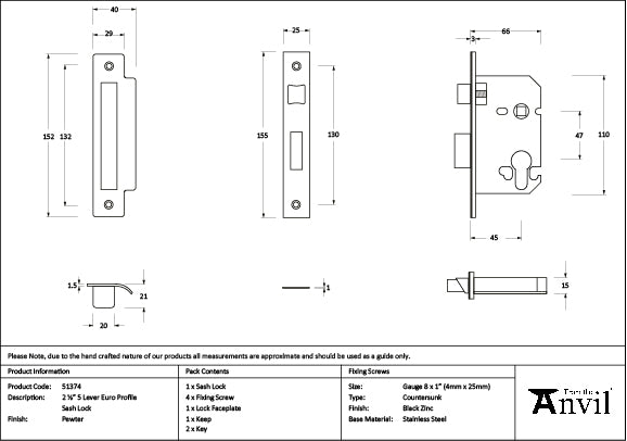 Pewter 2½" Euro Profile Sash Lock