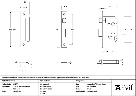 Satin Brass 2½" Euro Profile Sash Lock