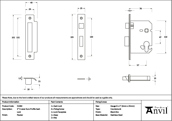 Pewter 3" Euro Profile Sash Lock