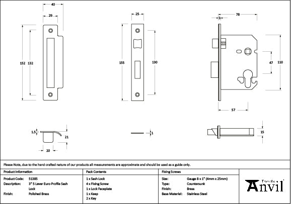 Polished Brass 3" Euro Profile Sash Lock