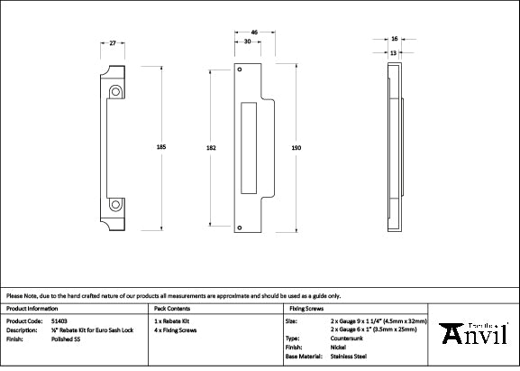 Polished SS ½" Rebate Kit for Euro Sash Lock