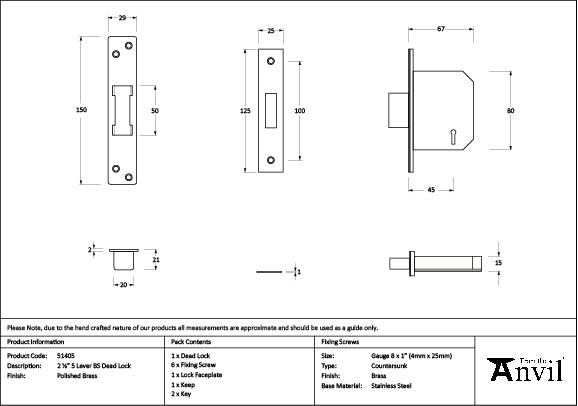 Polished Brass 2½" 5 Lever BS Dead Lock