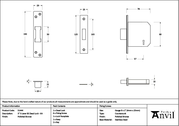 Polished Bronze 3" 5 Lever BS Dead Lock KA