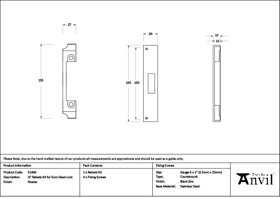 Pewter ½" Rebate Kit for Euro Dead Lock