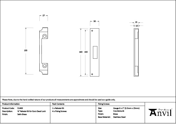 Satin Brass ½" Rebate Kit for Euro Dead Lock