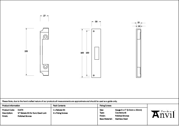 Polished Bronze ½" Rebate Kit for Euro Dead Lock