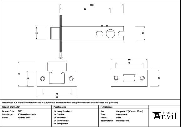 Polished Brass 4" Heavy Duty Latch