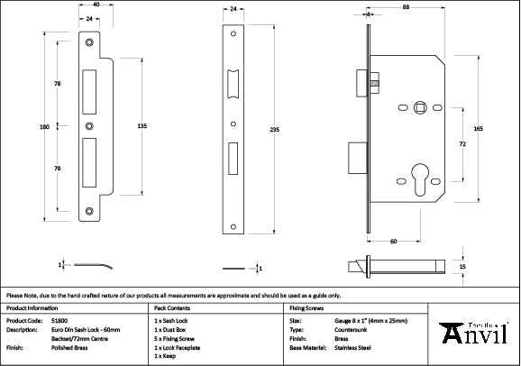 Polished Brass Euro Din Sash Lock - 60mm Backset/72mm Centre