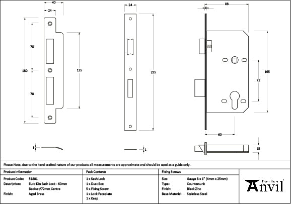 Aged Brass Euro Din Sash Lock - 60mm Backset/72mm Centre