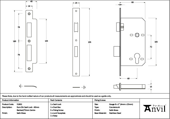 Satin Brass Euro Din Sash Lock - 60mm Backset/72mm Centre