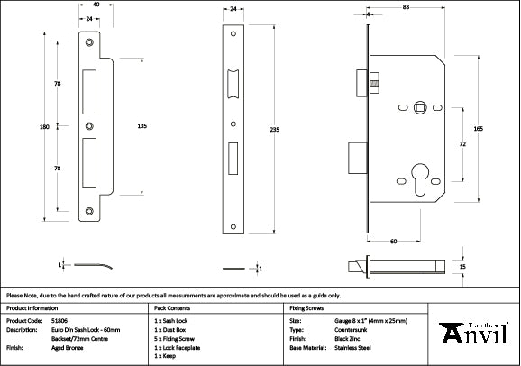 Aged Bronze Euro Din Sash Lock - 60mm Backset/72mm Centre