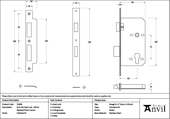 Polished SS Euro Din Sash Lock - 60mm Backset/72mm Centre