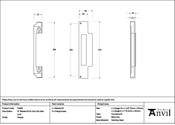 Pewter ½" Rebate Kit for Euro Din Sash Lock