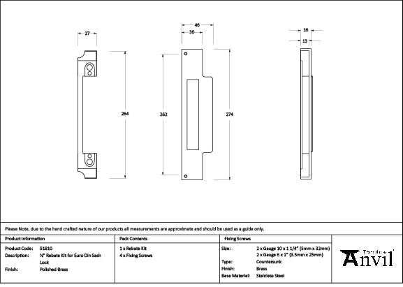 Polished Brass ½" Rebate Kit for Euro Din Sash Lock