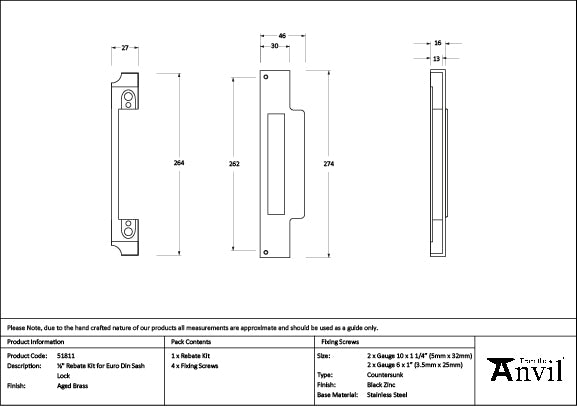 Aged Brass ½" Rebate Kit for Euro Din Sash Lock