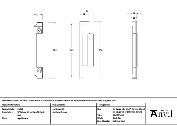 Aged Bronze ½" Rebate Kit for Euro Din Sash Lock