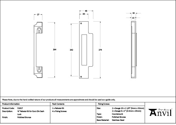 Polished Bronze ½" Rebate Kit for Euro Din Sash Lock