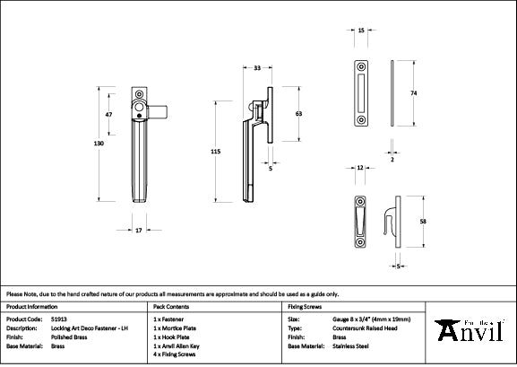 Polished Brass Locking Art Deco Fastener - LH