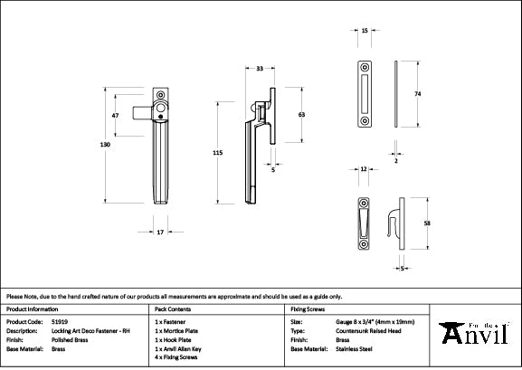 Polished Brass Locking Art Deco Fastener - RH