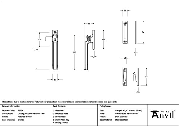 Polished Bronze Locking Art Deco Fastener - RH