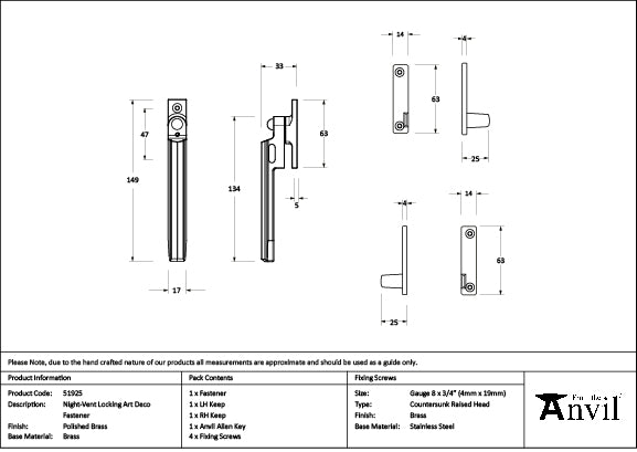 Polished Brass Night-Vent Locking Art Deco Fastener