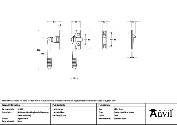 Aged Bronze Night-Vent Locking Reeded Fastener (Steel Window)