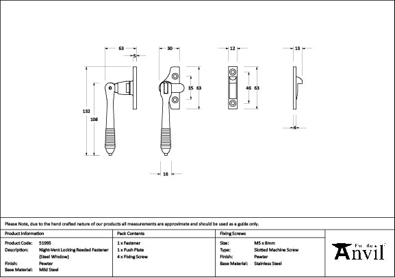 Pewter Night-Vent Locking Reeded Fastener (Steel Window)