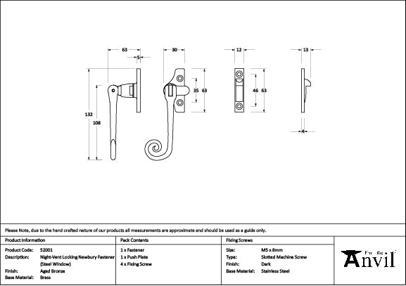 Aged Bronze Night-Vent Locking Monkeytail Fastener (Steel Window)