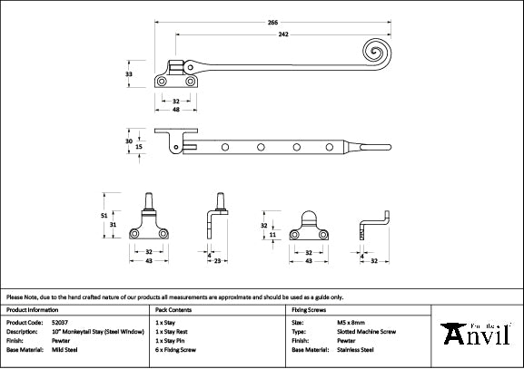 Pewter 10" Monkeytail Stay (Steel Window)