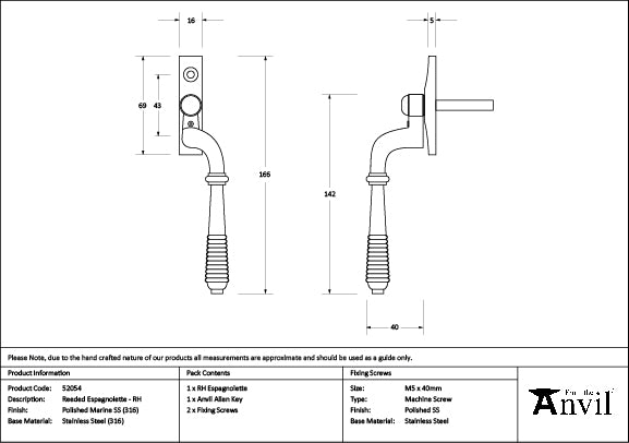 Polished Marine SS (316) Reeded Espag - RH