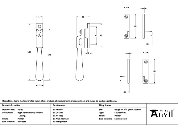 Pewter Night-Vent Locking Newbury Fastener