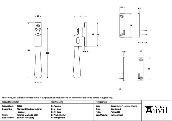 Polished Marine SS (316) Night-Vent Locking Newbury Fastener