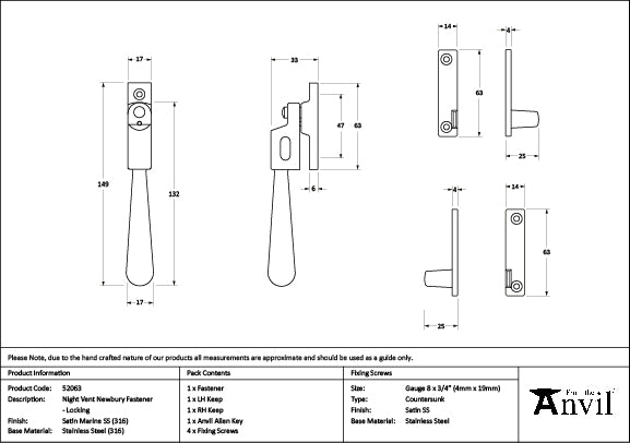 Satin Marine SS (316) Night-Vent Locking Newbury Fastener