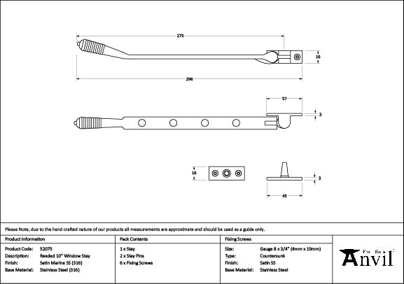Satin Marine SS (316) 10" Reeded Stay