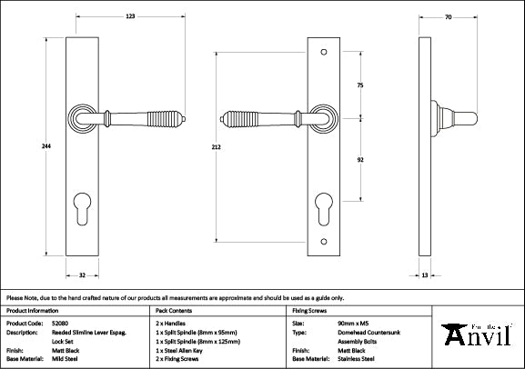 Matt Black Reeded Slimline Lever Espag. Lock Set