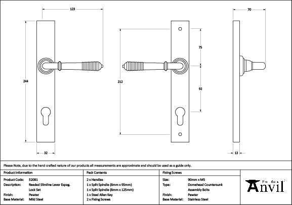 Pewter Reeded Slimline Lever Espag. Lock Set