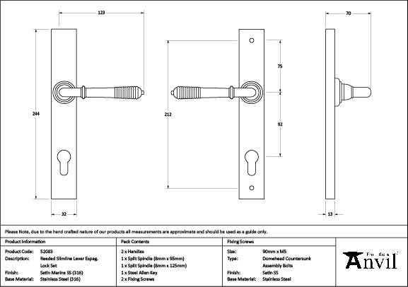 Satin Marine SS (316) Reeded Slimline Lever Espag. Lock Set