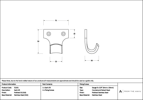 Polished Marine SS (316) Sash Lift
