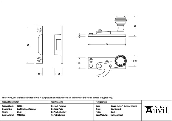 Black Beehive Sash Hook Fastener