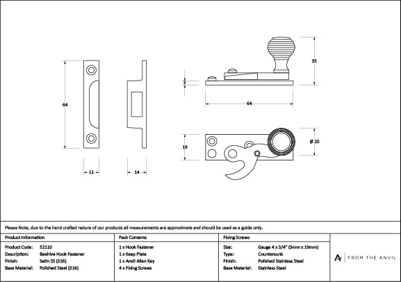 Satin Marine SS (316) Beehive Sash Hook Fastener