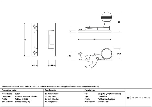 Polished Marine SS (316) Prestbury Sash Hook Fastener